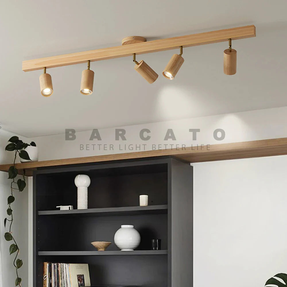 6 Spots orientables scandinaves bois clair fixé sur rail