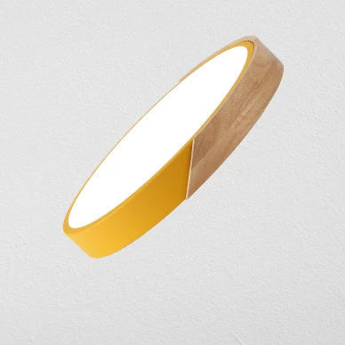 Grand spot plafonnier scandinave rond plat contour bois et jaune