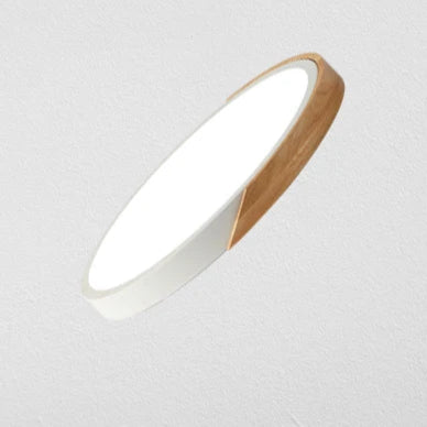 Grand spot plafonnier scandinave rond plat contour bois et blanc