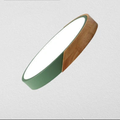 Grand spot plafonnier scandinave rond plat contour bois et vert