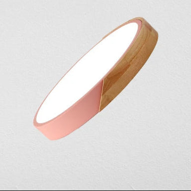 Grand spot plafonnier scandinave rond plat contour bois et rose