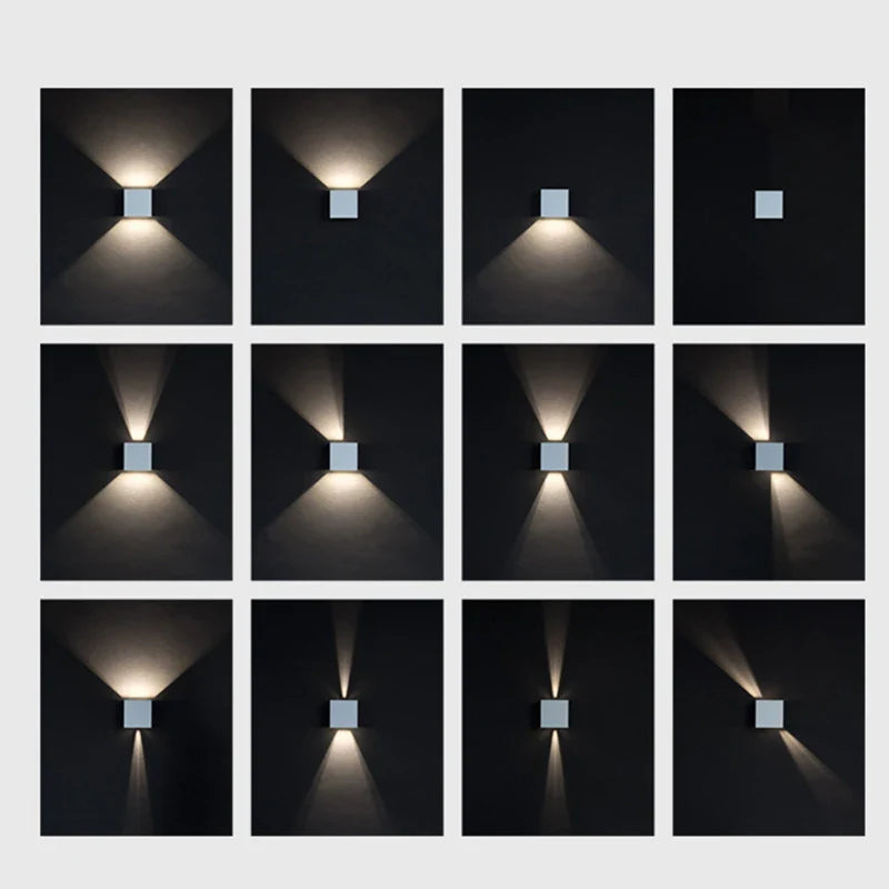 Spot mural IP65 abat-jour carré en aluminium sur façade extérieur a flux lumineux orientable
