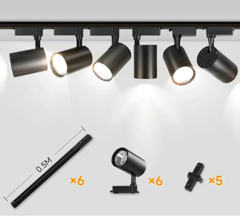 Spots noirs cylindriques sur rail noir (par 6)