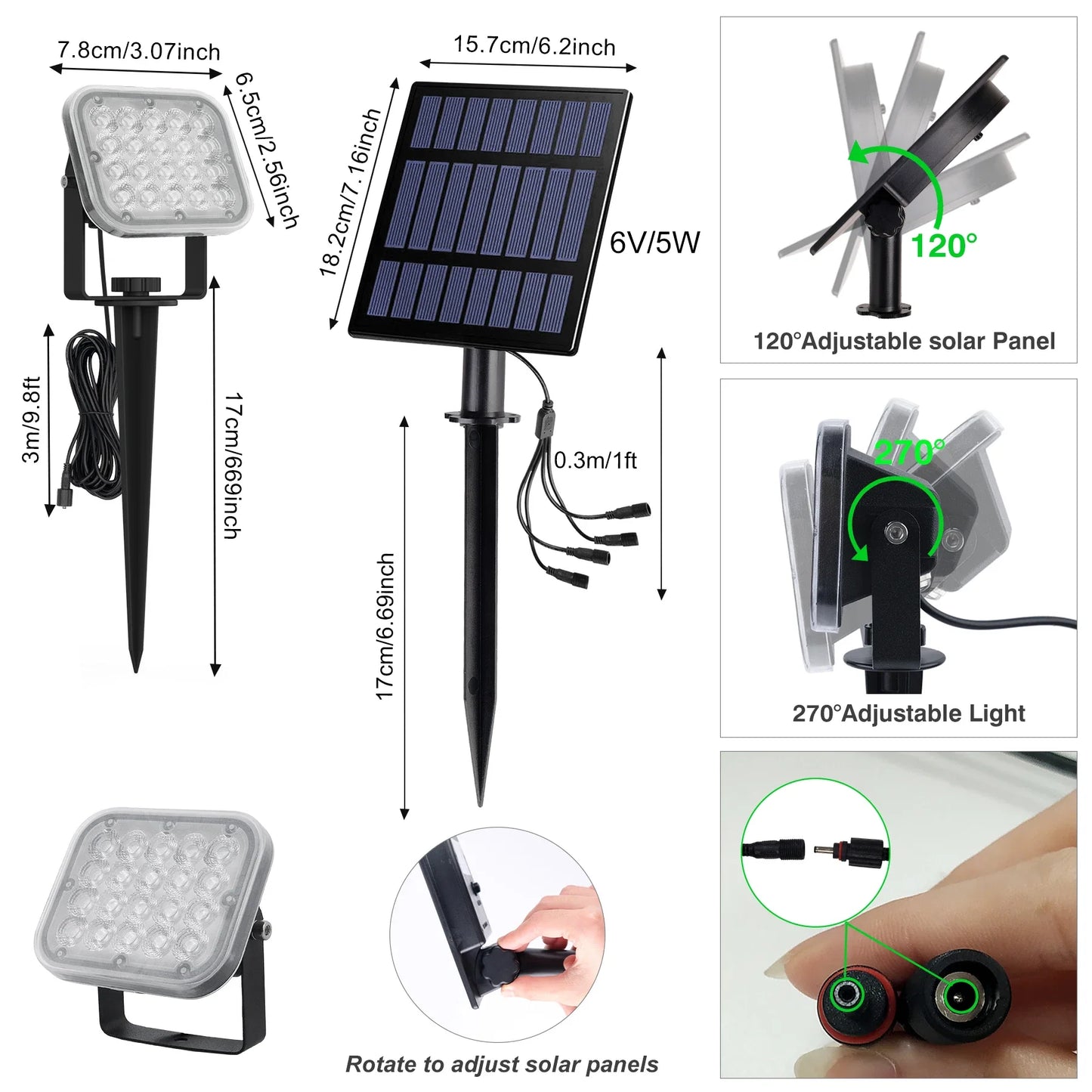 Spot solaire avec panneau orientable à 120° et spot a 270°