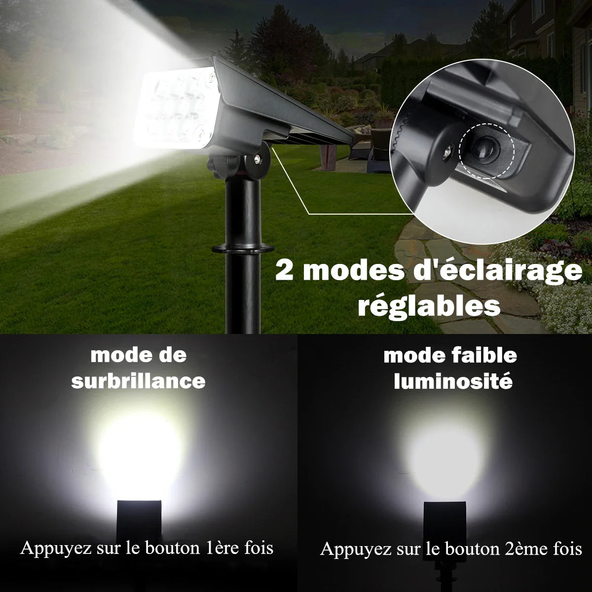 Spot solaire étanche à intensité réglable pour extérieur