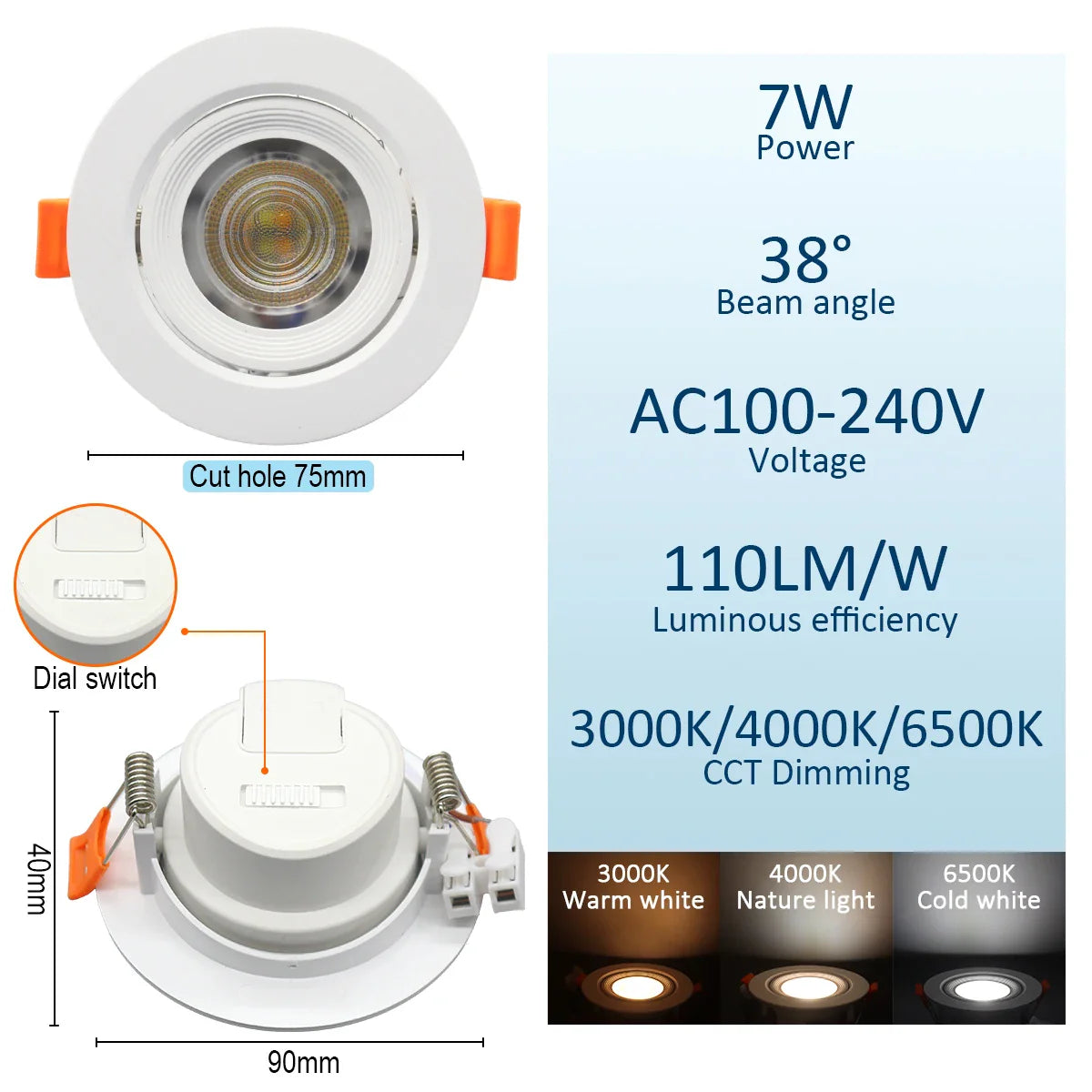Spot dimmable plat à encastrer à tête orientable 7W largeur 9cm