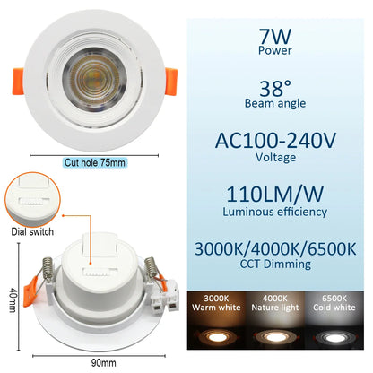 Spot dimmable plat à encastrer à tête orientable 7W largeur 9cm