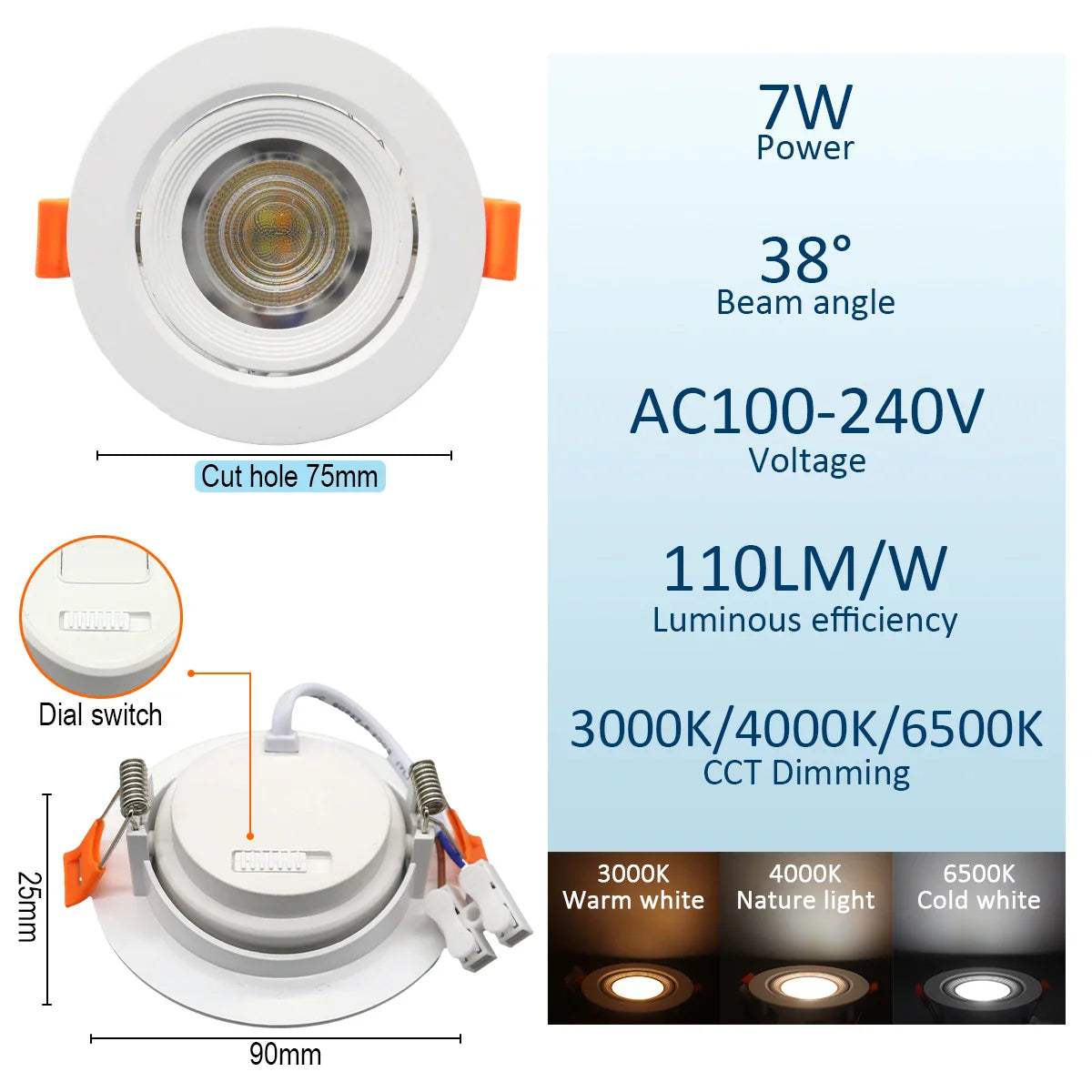 Spot dimmable plat à encastrer à tête orientable 7W largeur 9cm