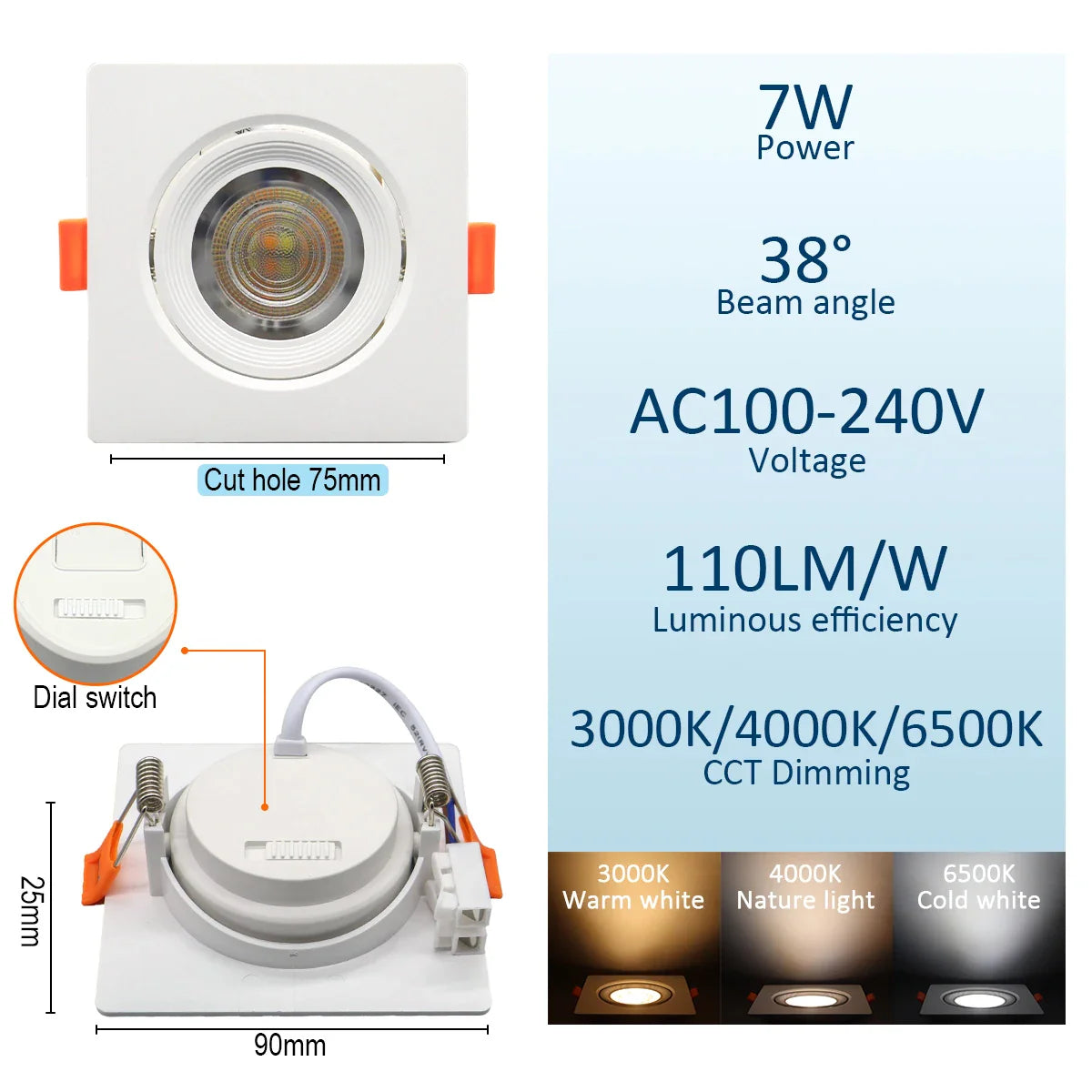 Spot dimmable plat à encastrer à tête orientable 7W largeur 9cm
