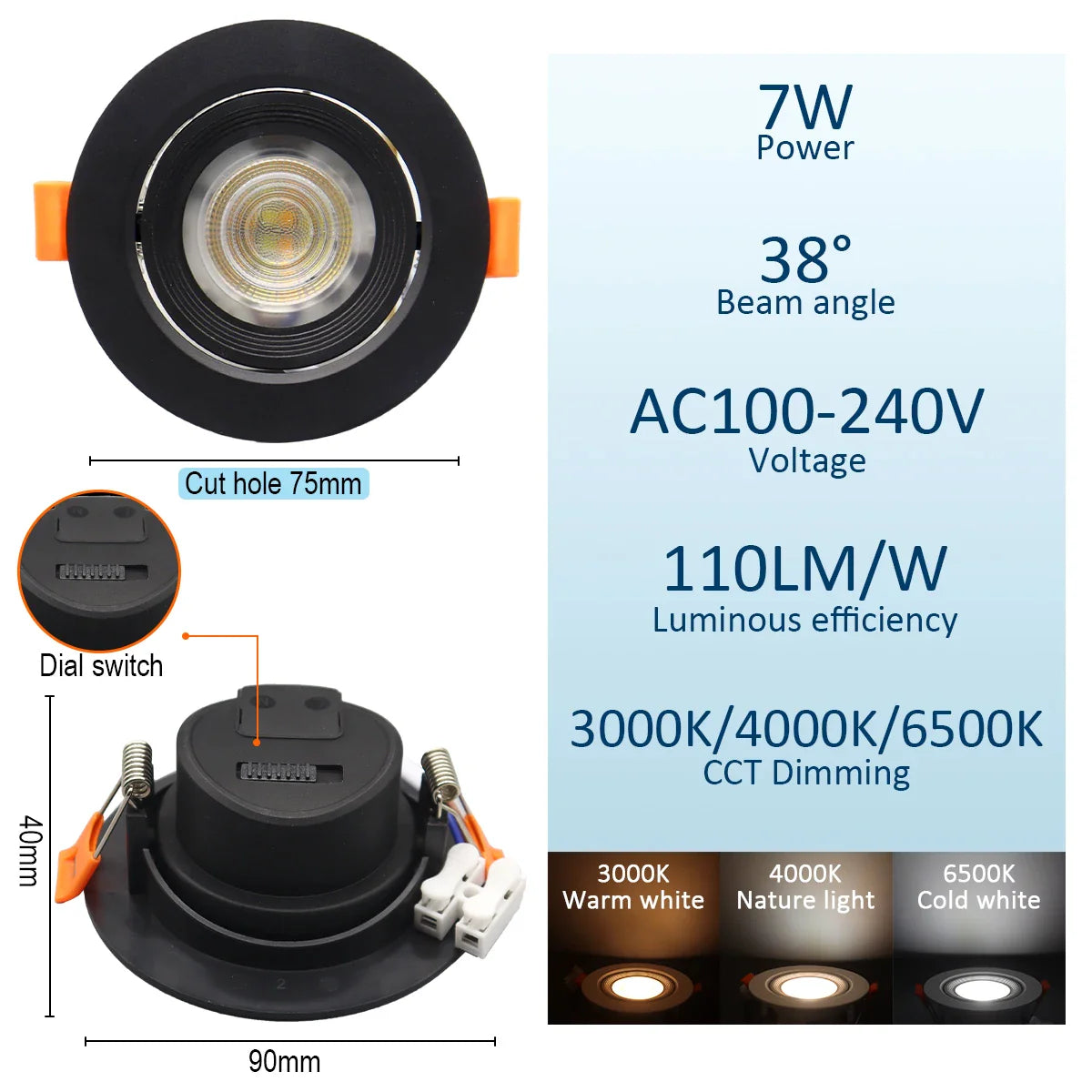 Spot dimmable plat à encastrer à tête orientable 7W largeur 9cm