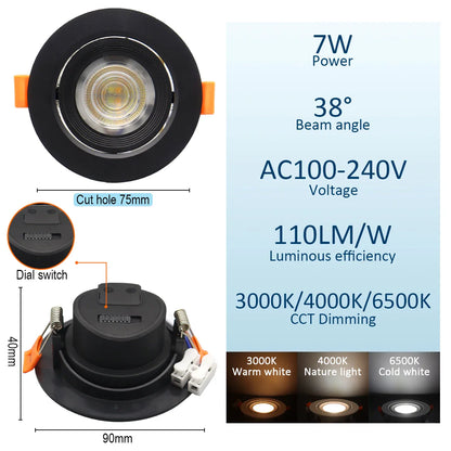 Spot dimmable plat à encastrer à tête orientable 7W largeur 9cm