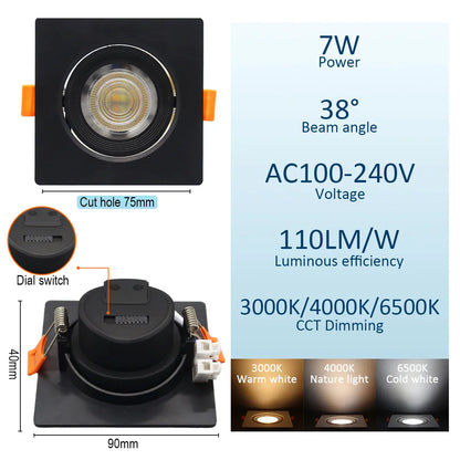 Spot dimmable plat à encastrer à tête orientable 7W largeur 9cm