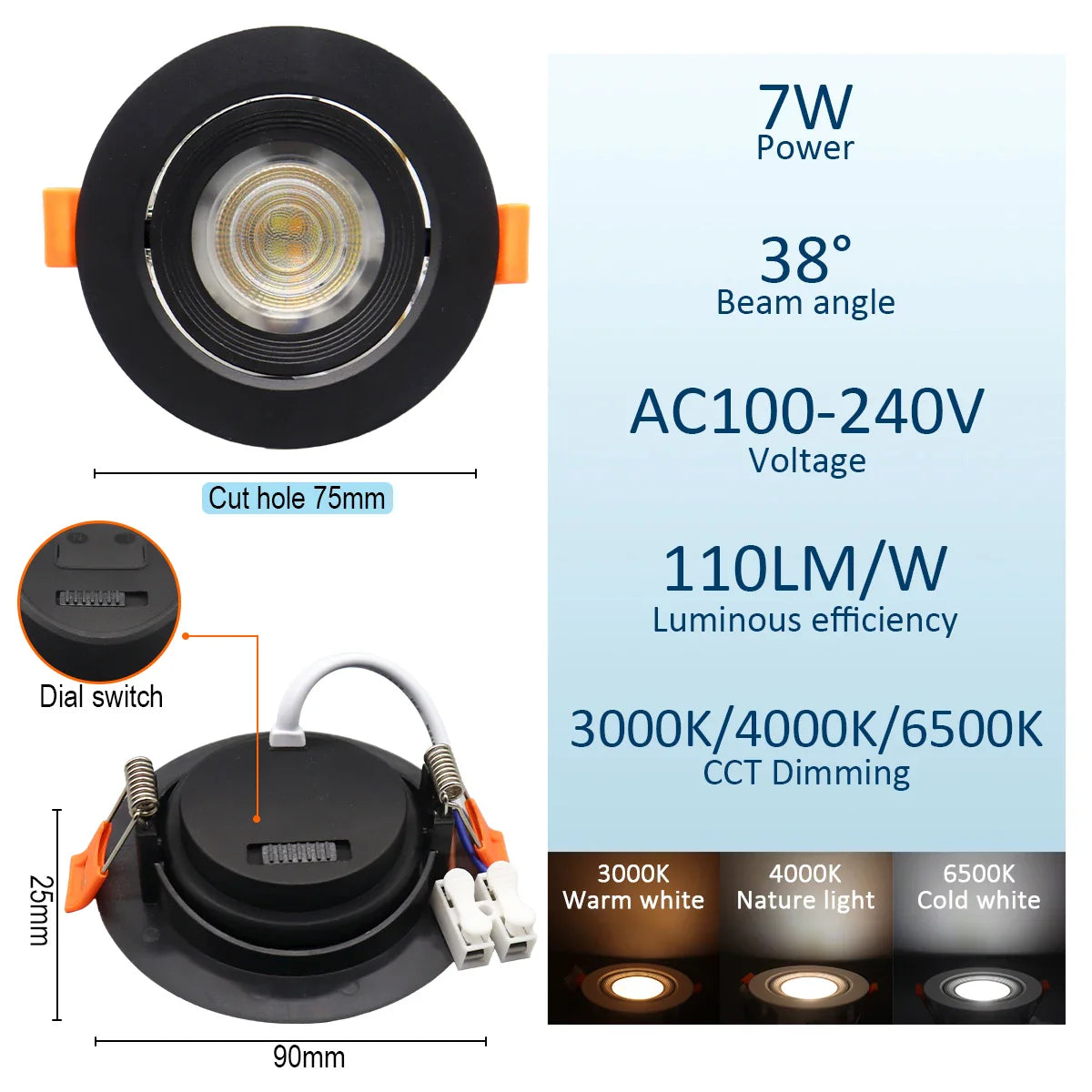 Spot dimmable plat à encastrer à tête orientable 7W largeur 9cm