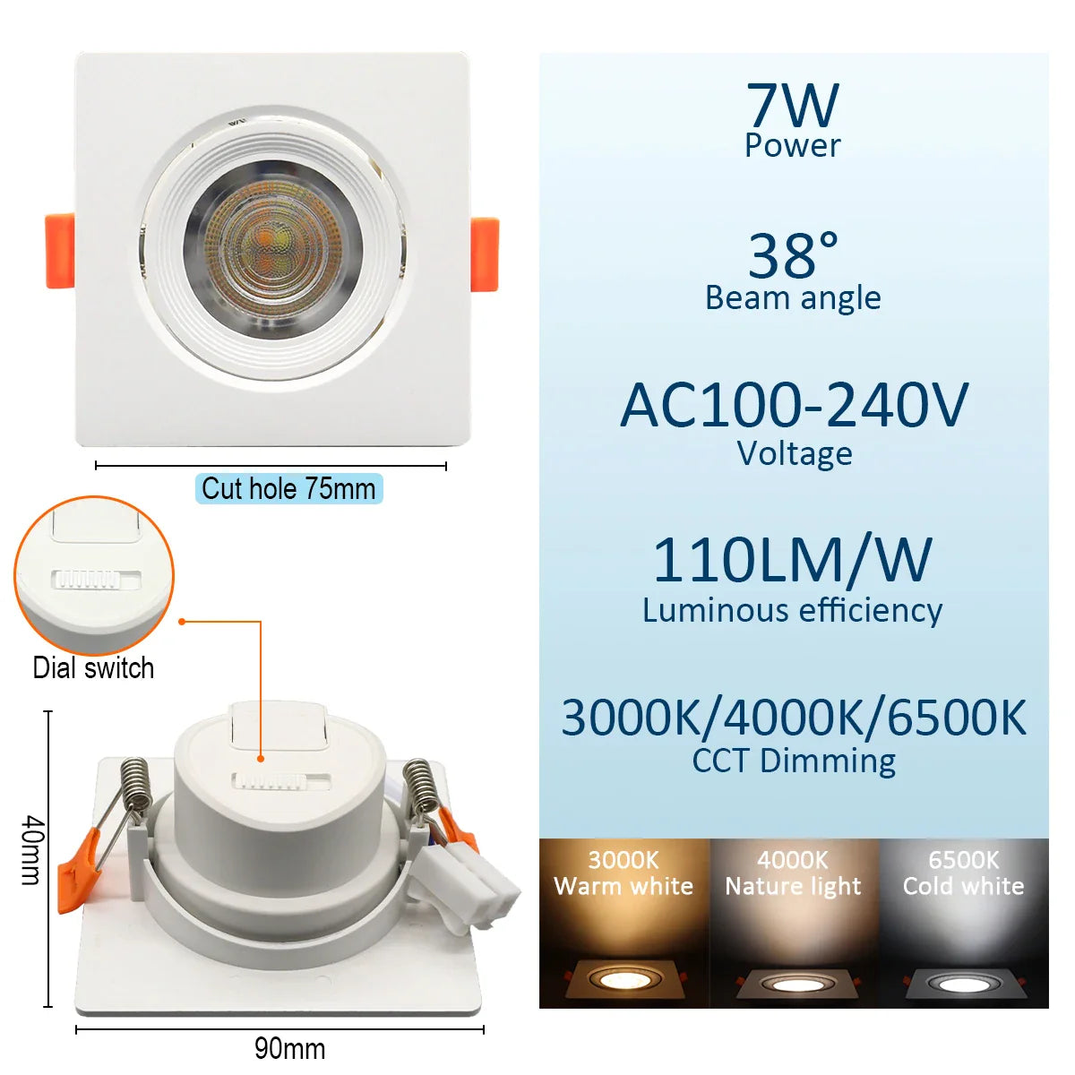 Spot dimmable plat à encastrer à tête orientable 7W largeur 9cm