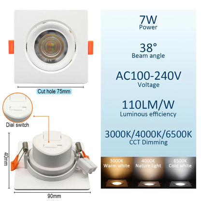 Spot dimmable plat à encastrer à tête orientable 7W largeur 9cm