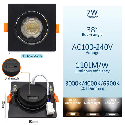 Spot dimmable plat à encastrer à tête orientable 7W largeur 9cm